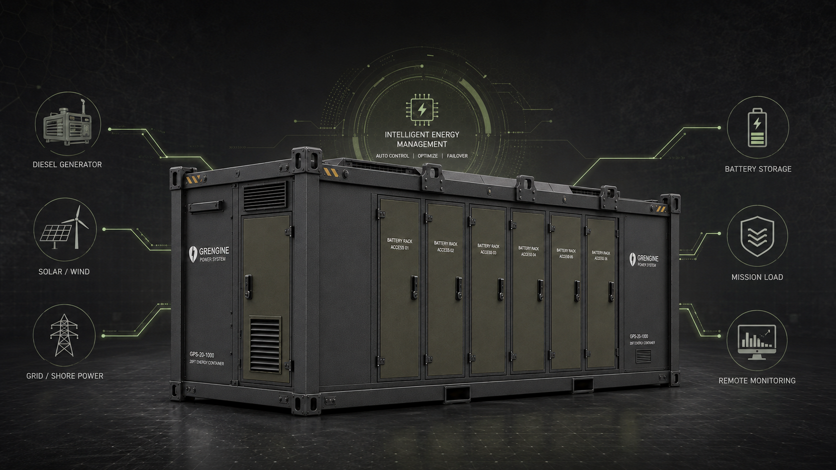 Grengine intelligent energy platform architecture showing diesel generation, renewable inputs, battery storage, mission load, and remote monitoring